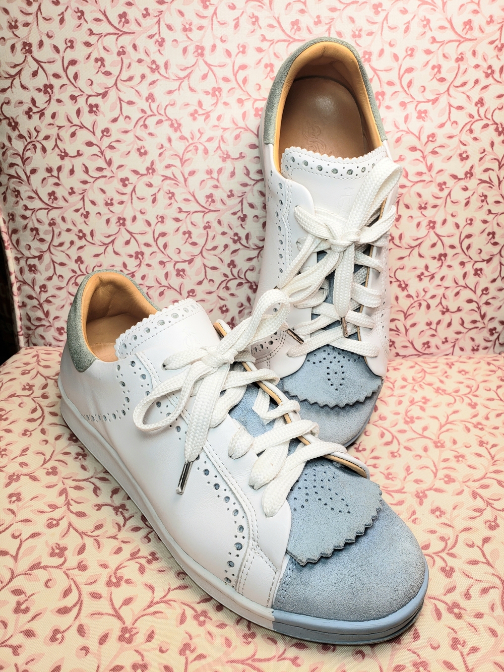 White Leather Women's Sneakers with Light Blue Suede Toe